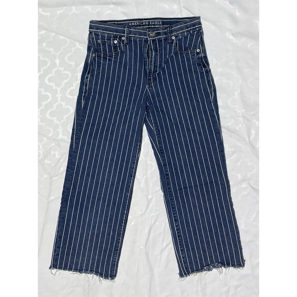 American Eagle Wide Leg Jeans Pinstripe Pants Frayed‎ Hem Boho Belted Womens 4
